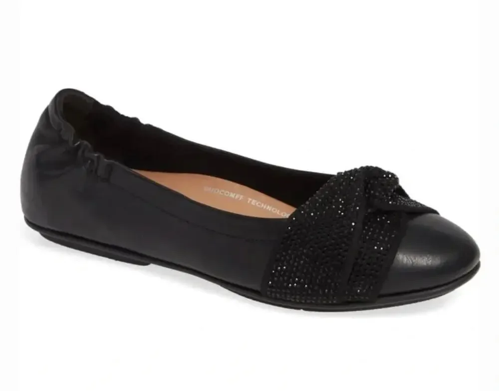 FitFlop Twiss Crystal Ballet Flat 6 Black Leather Fit Flop Comfort Slip On